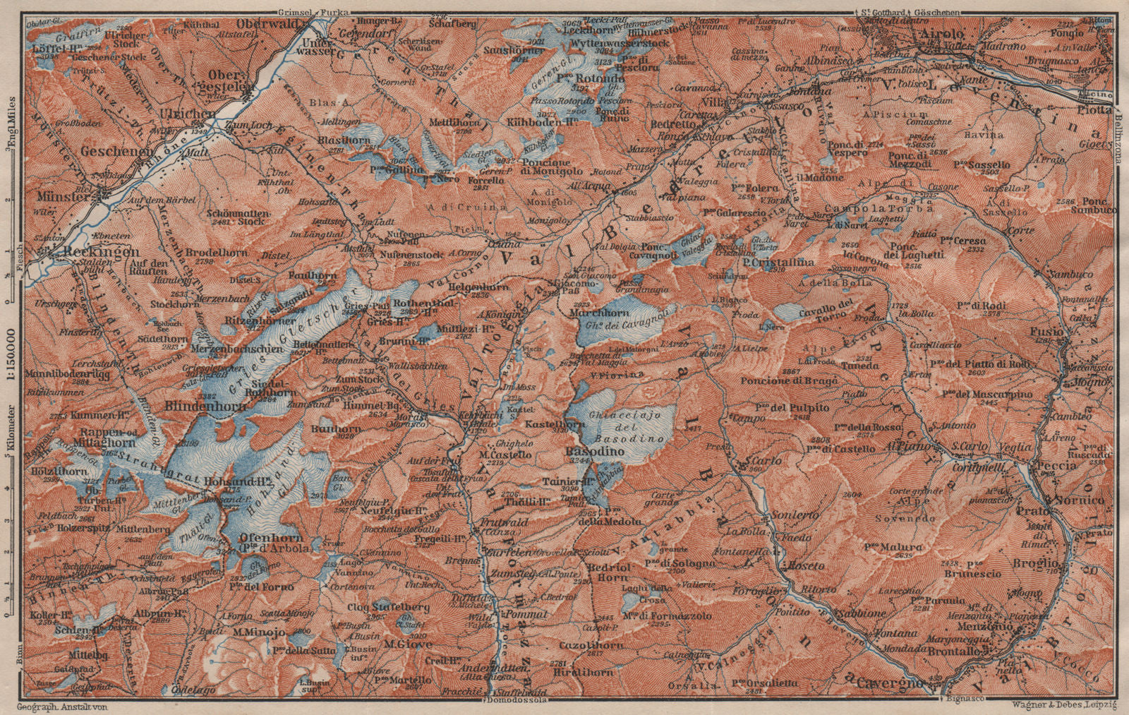 GRIES PASS & NW TICINO ALPS. Val Bedretto Airolo Basodino Ofenhorn 1911 map